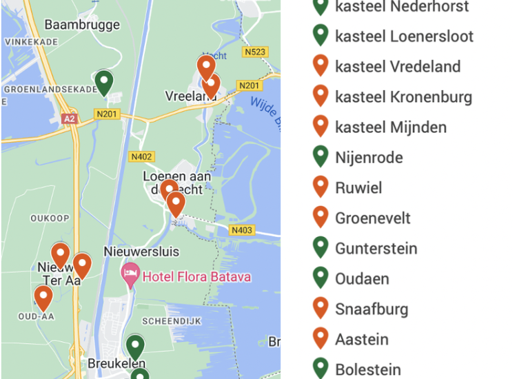 Lijst van verdwenen (oranje) en bestaande (groene) kastelen in de Vechtstreek