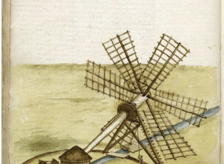 tekening van een 16de eeuwse windmolen, waardoor het droog maken van het zompige veengebied mogelijk werd.