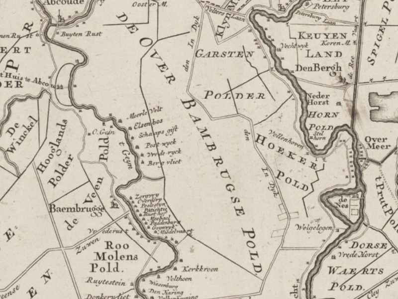Prent met de vecht en de Angstel, Particuliere Kaart van Amstellandt of het Omleggende van Amsteldam Muyden Weesp Naarden etc. 1749 Covens en Mortier