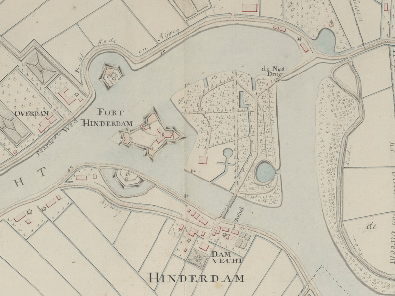 detail van de kaart van Ketelaar uit 1769, met fort Hinderdam