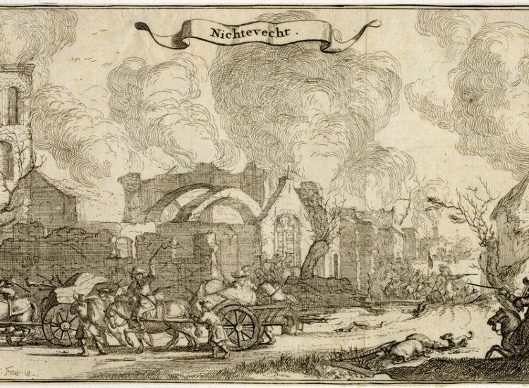 In het rampjaar werden huizen en ook dorpen, hier Nigtevecht, platgebrand. Prent van Isaac Sorious, Coll.Rijksmuseum