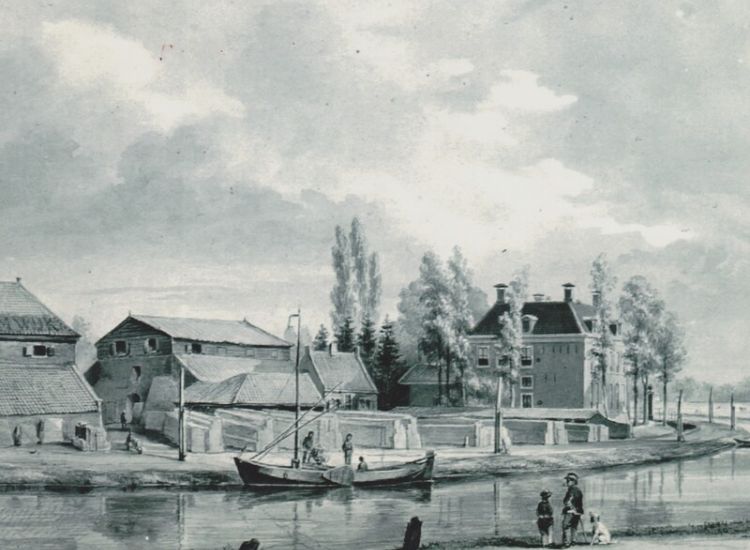 Steenfabriek Cromwijck met de buitenplaats, de opgestapelde stenen en een bootje ervoor. litho van P. J. Lutgers, ca 1840. 