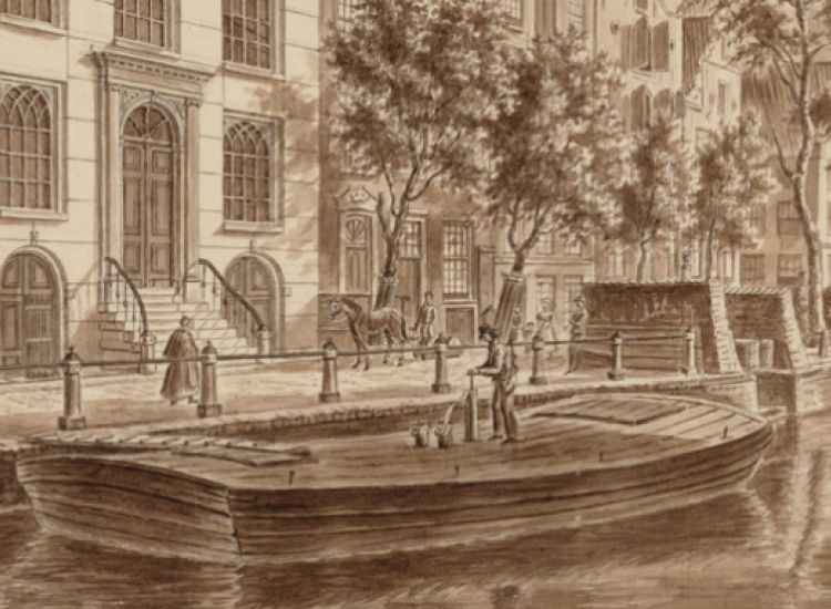 Waterschuit voor Nieuwezijds Voorburgwal 314-306. Tekening van A. Wijnantz, 1835, collectie Stadsarchief Amsterdam