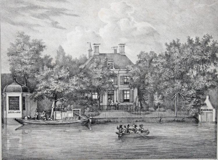 Litho van P.J. Lutgers van buitenplaats Beek en Hoff, met links een theekoepel met de naam van het huis en rechts een boten huisje met het woord Fabriek erop. Hier was toen een beenderzwartfabriek gevestigd. 