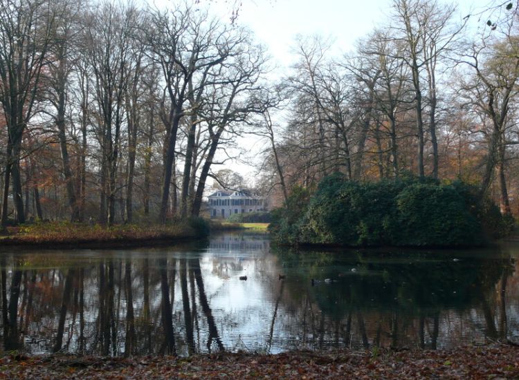 Parkbos van Schaep en Burgh met vijver de Lindekom en zicht op de achterkant van Schaep en Burgh. In 1820 laat Willem van Loon het huis verbouwen en wordt het park door Jan David Zocher ingericht naar Engelse Landschapsstijl met lanen en vijvers.