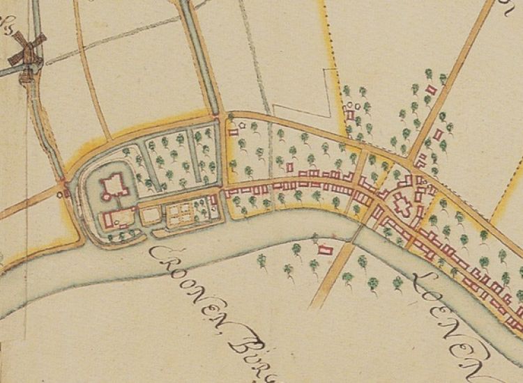 Kaart van Loenen uit ca 1660. Het dorp bestond toen alleen uit de huidige Dorpsstraat met aan de zuidkant kasteel Kronenburg, aan de noordkant molen de Hoop
