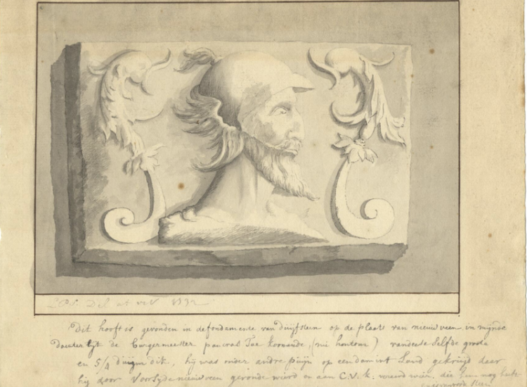 Tekening van steen met het hoofd te Mijnden door P.J. Serrurier uit 1732. (Coll. HUA)