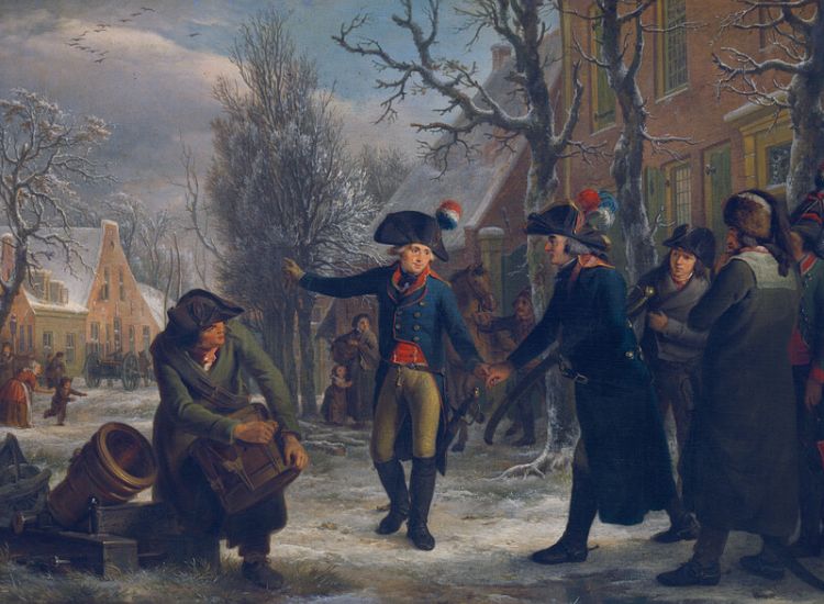 Generaal Daendels neemt op zondagochtend 18 januari 1795 te Maarssen afscheid van luitenant-kolonel C.R.Th. Krayenhoff (1758-1840). Detail van schilderij van Egbert van Drielst en Adriaan de Lelie, 1795.