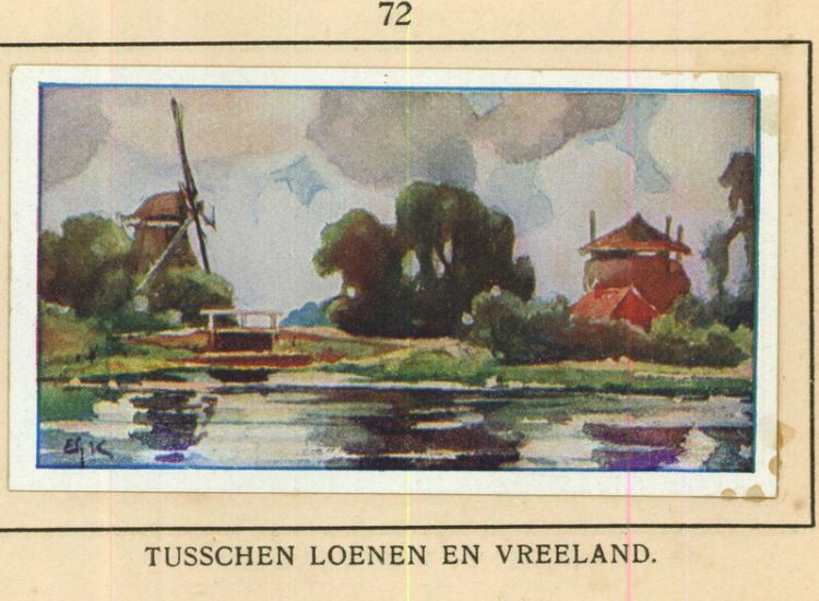 Plaatje uit het Verkade-Album met een molen en hooiberg, tussen Loenen en Vreeland. 1915