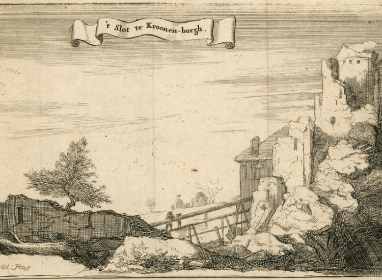 Kronenburg in 1673, na de verwoestingen in het rampjaar, prent I. Sorious