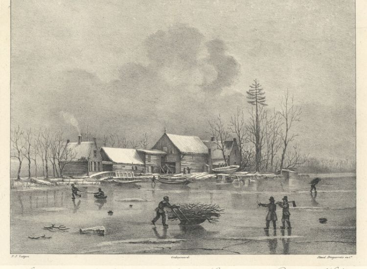 Scheepswerfje aan de Mijndensedijk, rond 1850. Litho door P.J. Lutgers