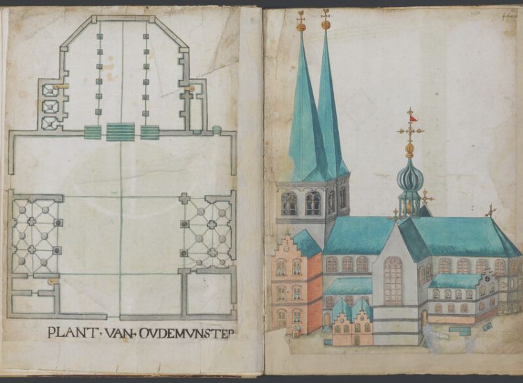 De Sint Salvatorkerk of Oudmunster, die op het huidige Domplein lag ten zuiden van de latere dom. Coll. HUA