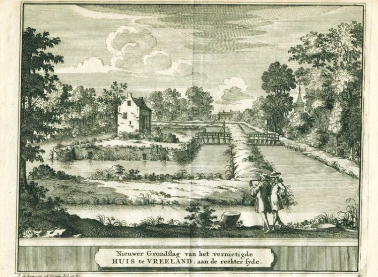 De in de 17e eeuw opgegraven fundamenten met nieuw huis op de kasteelplek.