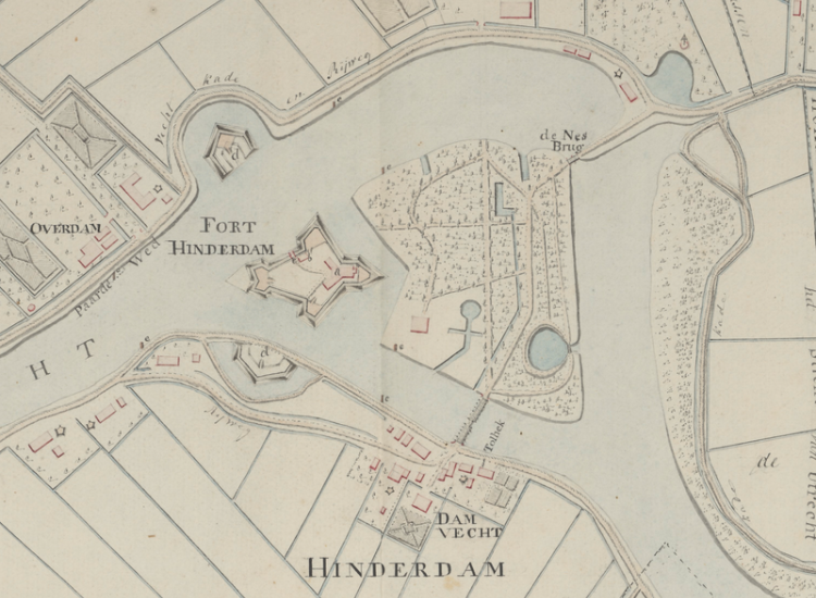 detail van de kaart van Ketelaar uit 1769, met fort Hinderdam