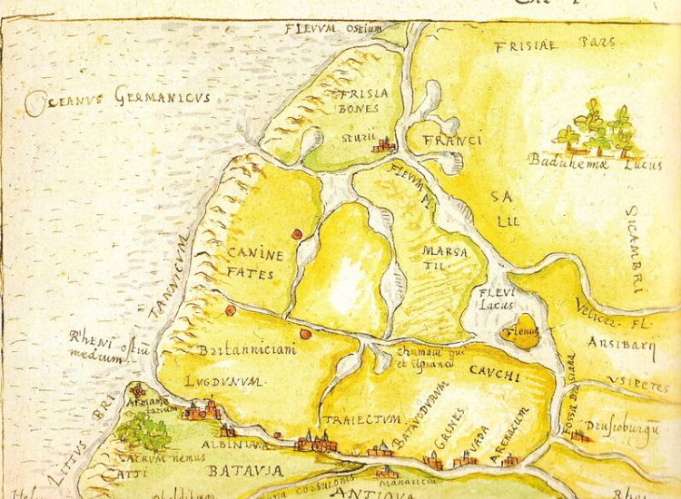 Nederland in de romeinse tijd, afb. Buchelius 1643, afb. Limes Atlas Bernard Colenbrander