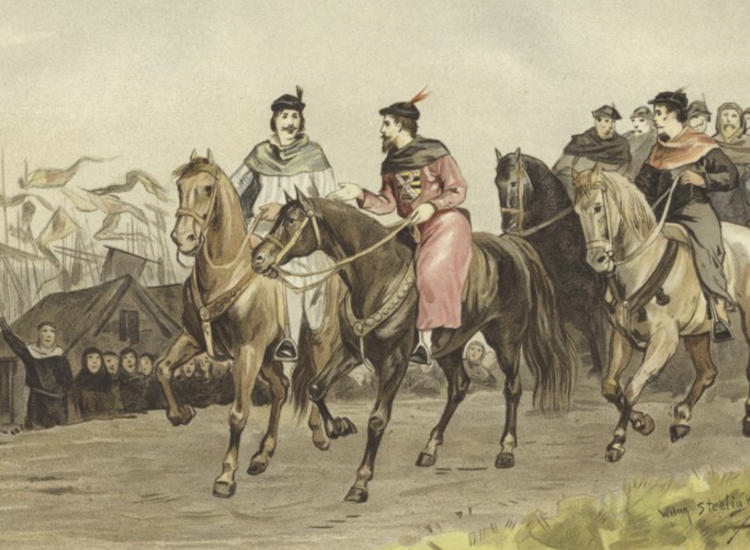 Floris V, graaf van Holland, en Gijsbrecht IV van Amstel,26 juli 1274, litho Willem II Steelink. (afb. Meisterdrucke.nl)