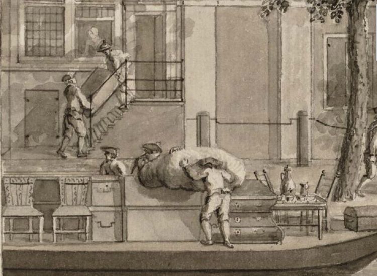 De verhuizing van allerlei meubels en linnen van de gracht naar de buitenplaats. tekening van J. Schouten.