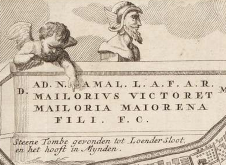 Romeinse hoofd op de kaart van Bloemswaard, 1726. (Coll. VU)