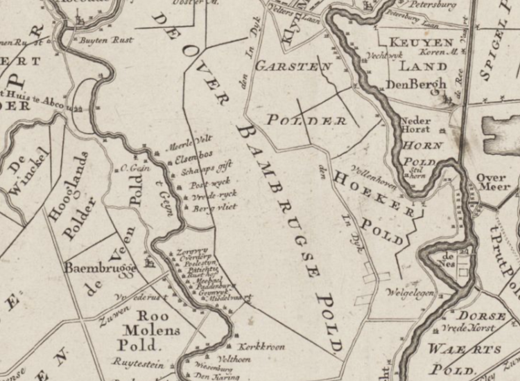 Prent met de vecht en de Angstel, Particuliere Kaart van Amstellandt of het Omleggende van Amsteldam Muyden Weesp Naarden etc. 1749 Covens en Mortier