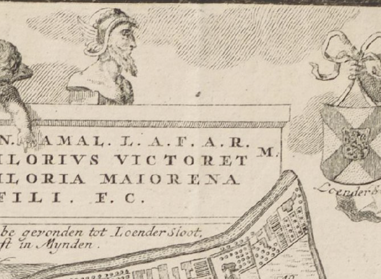 Detail kaart C. Bloemswaard, 1726, met afbeelding romeinse grafsteen